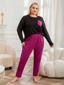 Plus size women's long sleeve pajama set cozy home wear comfortable sleepwear top and pants