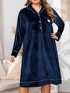 Plus size velvet long sleeve nightdress for women, comfortable winter sleepwear detail.
