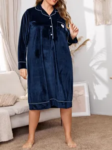 Plus size velvet long sleeve nightgown with cozy collar and cute pink heart detail for women.