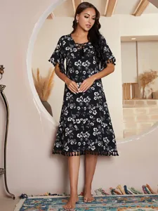 Robe de nuit femme été imprimé floral manches courtes avec pampilles col V vêtement détente