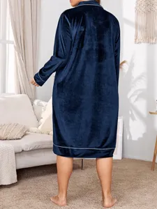 Plus size velvet nightdress detail, long sleeve winter sleepwear for cozy home wear.