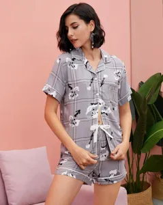 Conjunto pijama mujer manga corta verano cuadros cardigan ropa de dormir detalle