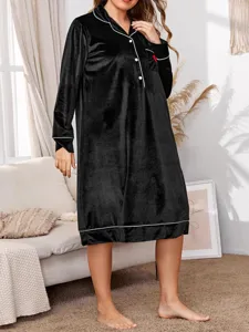 Comfortable plus size velvet long sleeve nightgown with white piping and red heart detail.
