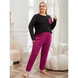 Womens Plus Size Long Sleeve Loungewear Set Casual Solid Color Crew Neck Pullover Top And Long Pants Winter Sleepwear