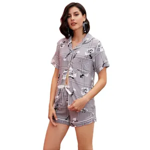 Conjunto de pijama de mujer manga corta botones estampado cuadros gris ropa de dormir
