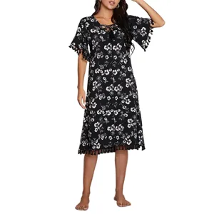 Femme été imprimé floral noir manches courtes col V chemise de nuit robe décontractée maison