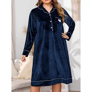 Plus Size Velvet Long Sleeve Nightgown For Women Winter Warm Fleece Sleepwear Casual Loose Maxi Sleep Dress