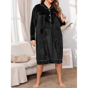 Plus size black velvet long sleeve nightgown for women, comfortable winter sleepwear dress.