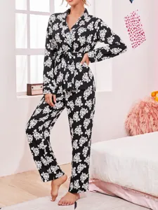 Women black white floral print long sleeve pajama set comfortable sleepwear loungewear