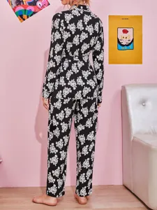 Women floral print long sleeve pajama set with belt, comfortable sleepwear home wear.