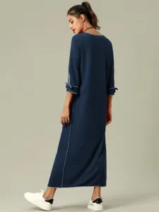 Vestido largo liso de manga larga para mujer con ribete blanco y lazo para uso diario.