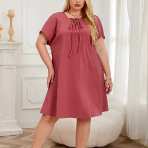 Plus Size Women Short Sleeve V Neck Nightgown Casual Loose Midi Sleep Dress Summer Polyester Spandex Comfortable Sleepwear
