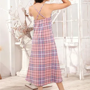 Mujer sexy camison rosa cuadros verano tirantes finos ropa de dormir comoda para casa