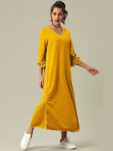 Vestido largo mujer manga larga liso con ribete ribeteado blanco cuello V casual atuendo