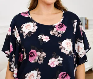 Comfortable plus size floral print short sleeve nightgown casual sleepwear dress for women