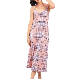 Mujer verano rosa cuadros camison tirantes fino pijama sexy sin mangas ropa de dormir vestido