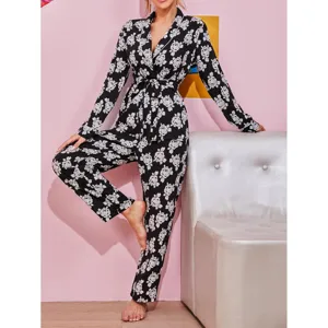 Women floral print long sleeve pajama set with belt, comfortable sleepwear for women.