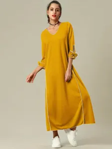 Vestido largo mujer color solido manga larga con ribete blanco y lazo ropa casual.