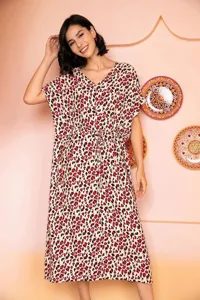 Detailed scene display showing women short sleeve leopard print midi dress sleepwear garment.