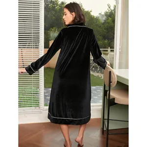Donna camicia da notte in velluto manica lunga abbigliamento da notte nero autunno