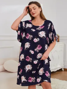 Plus size floral print short sleeve nightdress casual comfortable summer sleepwear for women.