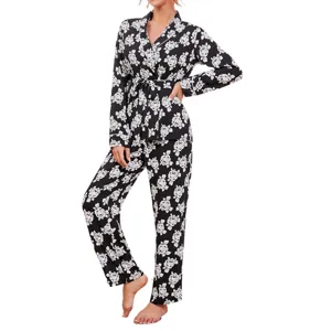 Women floral print long sleeve pajama set with belt winter sleepwear loungewear main view