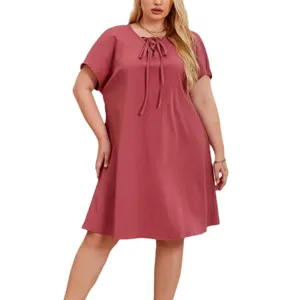 Plus size short sleeve casual dress for women summer loose V-neck nightgown homewear.