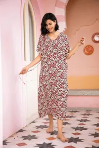 Detailed view of the women's summer red leopard print short sleeve midi sleepwear dress.