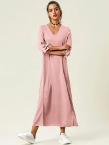 Vestido largo de mujer manga larga liso con ribete blanco y lazo atuendo casual elegante