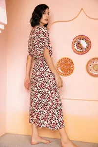 Women summer short sleeve leopard print midi sleep dress comfortable loungewear sleepwear