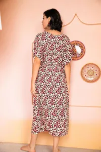 Detailed back view of red and black leopard print short sleeve summer nightgown loungewear.