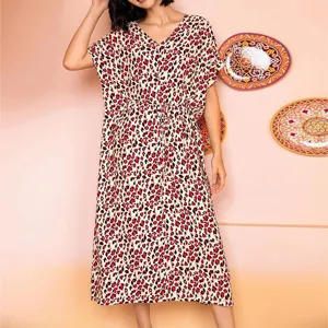 Women short sleeve leopard print midi loungewear dress summer casual sleepwear casual dress