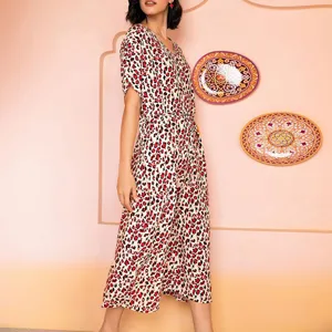 Leopard print short sleeve midi sleepdress, comfortable women loungewear for summer main view.
