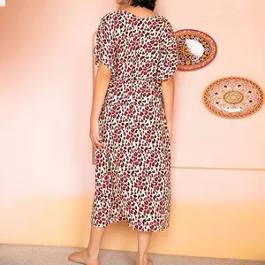 Women summer leopard print short sleeve midi nightgown casual sleepwear back view
