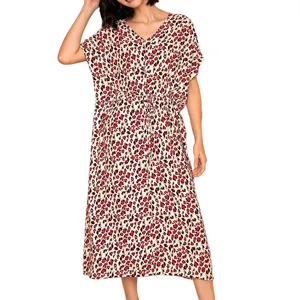 Women summer red leopard print short sleeve v-neck midi sleepwear loungewear dress casual.
