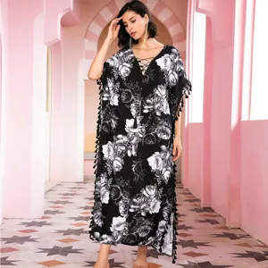 Dames Casual Bloemenprint Lange Jurk V-Hals Trekkoord Kwasten Resort Stijl Viscose Loungewear Maxi Nachthemd
