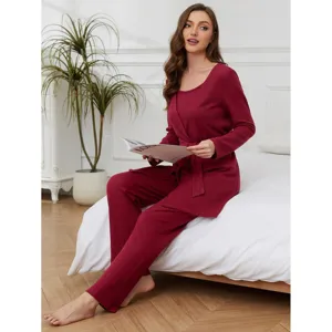 Ensemble Pyjama Gaufré pour Femmes Couleur Unie Cardigan Manches Longues Peignoir Caraco Et Pantalon Vêtement de Nuit Trois Pièces