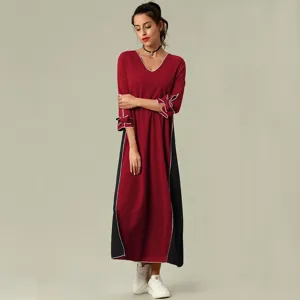 Mujer Casual Manga Larga Cuello en V Color Sólido Vestido Maxi Elegante Vestido Largo Recto