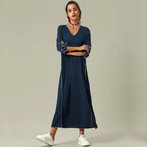 Elegante vestido largo de manga larga para mujer, vestido largo liso azul marino informal.