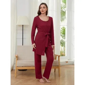 Ensemble pyjama femme rouge gaufre 3 pièces avec caraco peignoir pantalon maison