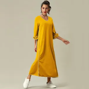 Vestido largo de mujer liso de manga larga con ribete blanco elegante vestido maxi casual.