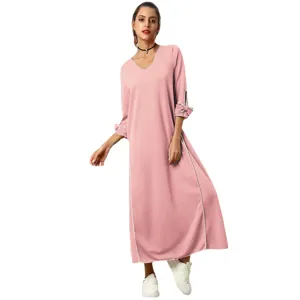 Vestido largo mujer manga larga cuello V color sólido elegante moda rosa casual chic