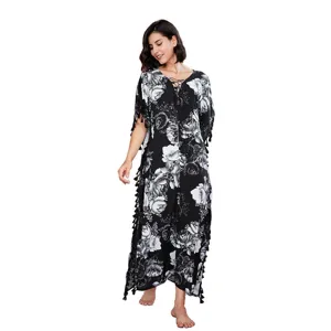 Vrouwen Zwart Bloemen V-Hals Kwastje Kaftan Lange Strandjurk Vakantie Loungewear Casual Jurk