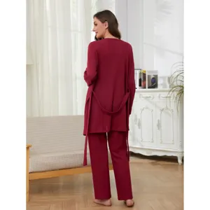 Ensemble Pyjama Femme Rouge Gaufre Manches Longues Robe Pantalon Loungewear 3 Pièces