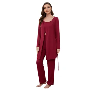 Ensemble loungewear femme gaufre 3 pieces haut pantalon robe de chambre bordeaux