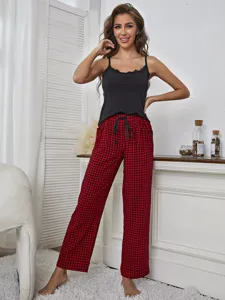 Women's sexy camisole top and red black plaid pajama pants set, comfortable sleepwear for women.