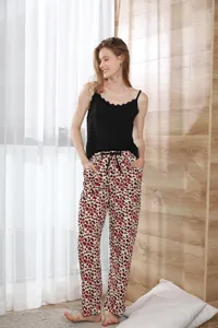 Sexy women summer sleepwear set with black camisole and red leopard print lounge pants.