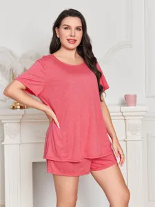 Conjunto de pijama de talla grande manga corta pantalon corto mujer comodo rosa ropa de casa.