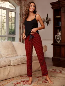 Sexy sleeveless camisole and red plaid pajama pants set for women summer home wear