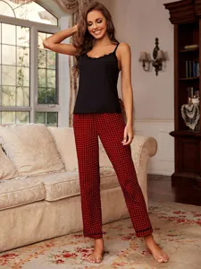 Sexy European style women sleepwear set featuring a black camisole and red plaid pants.